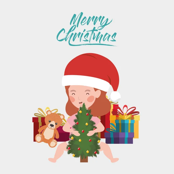 有松树和圣诞礼物的小女孩 — 图库矢量图片
