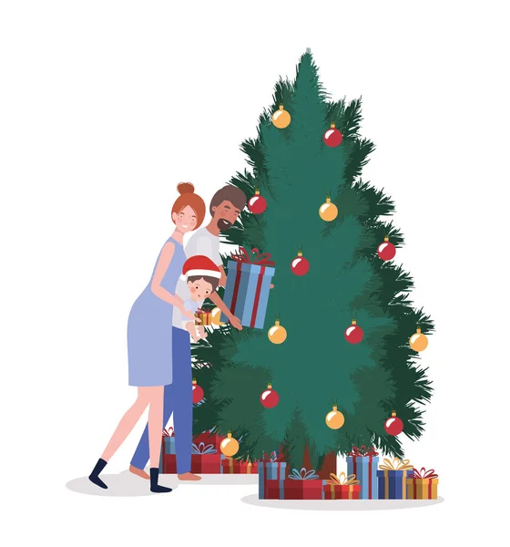 Familienmitglieder mit Tannenbaum-Weihnachtsfeier — Stockvektor