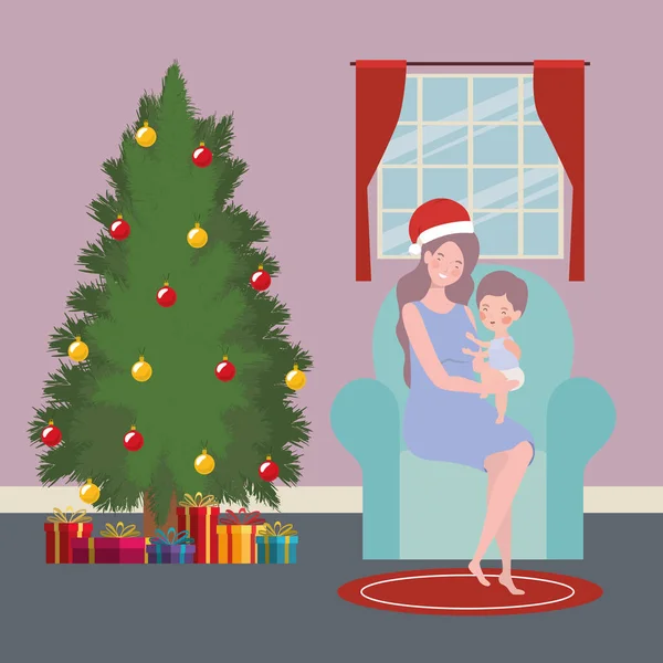 소나무 크리스마스 축하 행사를 벌이는 엄마와 아기 — 스톡 벡터