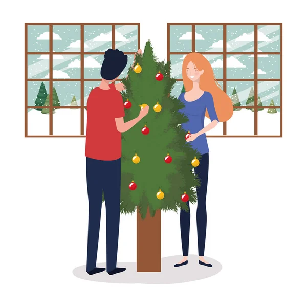 Couple with pine tree christmas — Stock Vector