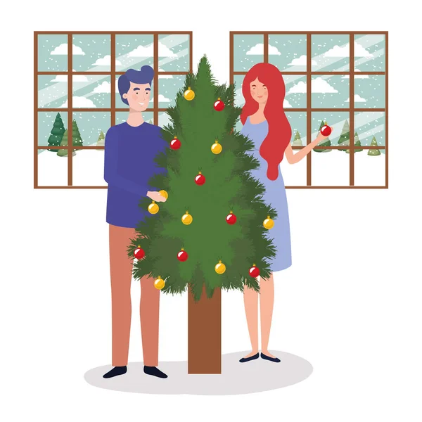 Çam ağacı olan çift Noel 'de — Stok Vektör