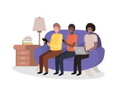 Kanepe vektör tasarımında oturan Avatar adamlar