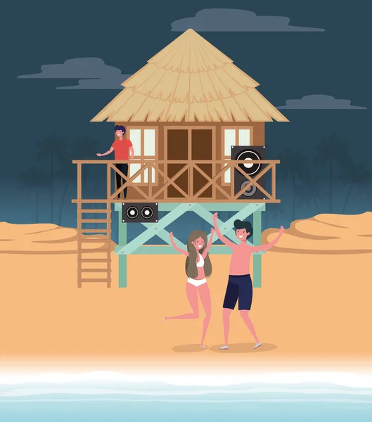 Menino e menina com roupa de banho dançando no design da praia —  Vetores de Stock