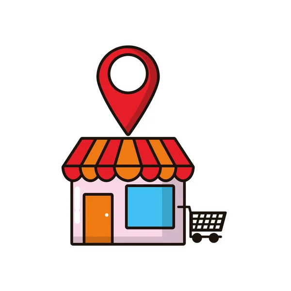 Store building with shopping cart and pin location — ストックベクタ
