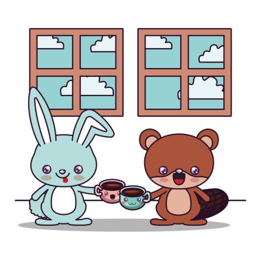 Kawaii kunduz ve tavşan vektör tasarımı