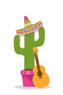 Meksika şapka gitarı ve kaktüs vektör tasarımı