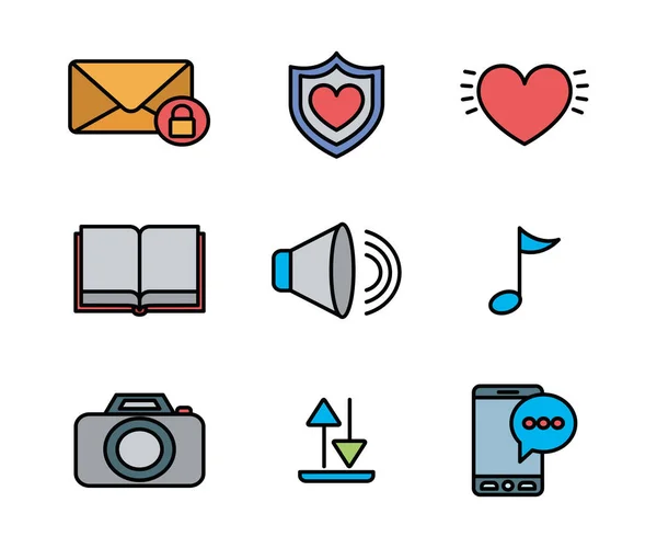 Gebruikersinterface en social media vullen pictogram set ontwerp — Stockvector