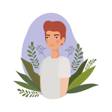 Yaprakları vektör tasarımı çizen sevimli bir adam çizgi filmi.