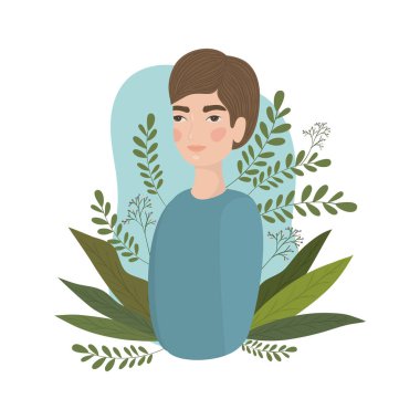 Yaprakları vektör tasarımı çizen sevimli bir adam çizgi filmi.