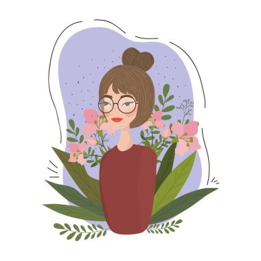 Yaprak çizimi olan sevimli bir kadın çizgi filmi.