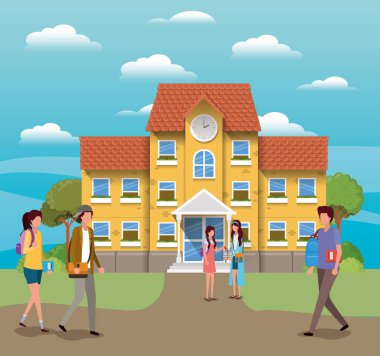 Okul binası ve öğrencilerin vektör tasarımı