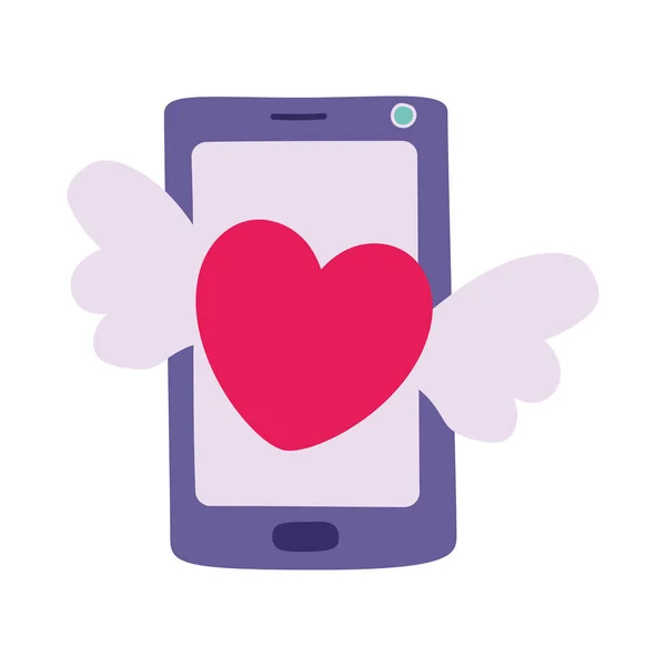 Corazón aislado con alas y diseño de vectores de teléfonos inteligentes — Vector de stock