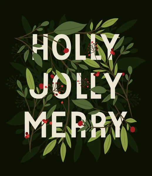 Holly joyeux texte joyeux avec feuilles vectoriel design — Image vectorielle