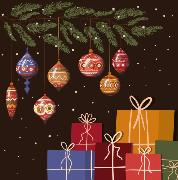 Joyeux Noël sphères et cadeaux design vectoriel — Image vectorielle