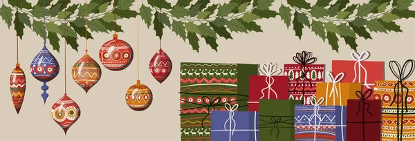 圣诞快乐球和礼物矢量设计 — 图库矢量图片