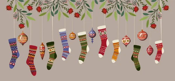 Merry christmas socks and spheres vector design — Stock Vector