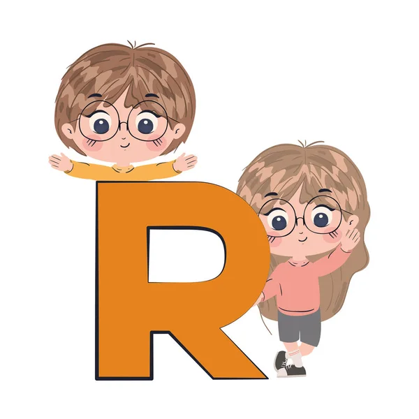 Chica y niño con alfabeto letra vector diseño — Vector de stock
