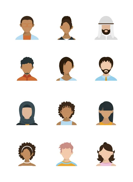 Hombres y mujeres aislados cabezas conjunto diseño vectorial — Vector de stock