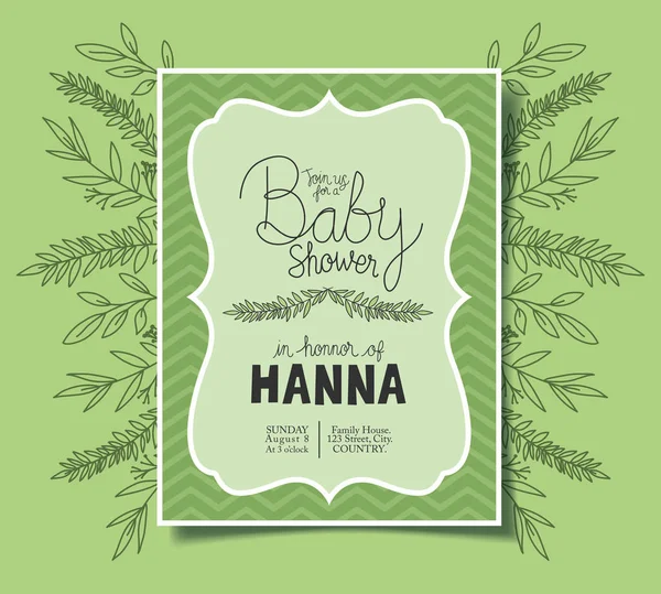 Baby-Dusche Einladung mit Blättern Dekoration — Stockvektor
