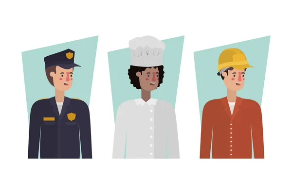 Isolated policeman chef and builder vector design — ストックベクタ