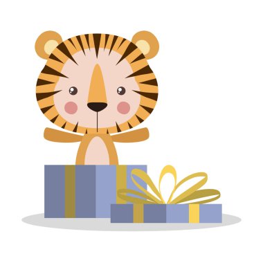Tatlı kaplan çizgi filmi ve hediye vektör tasarımı