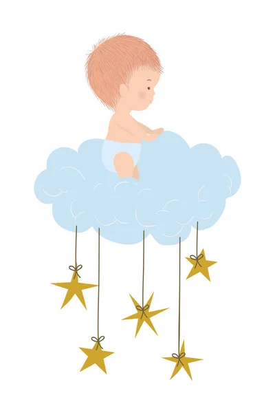 Cute baby boy over cloud and stars vector design — Stock Vector