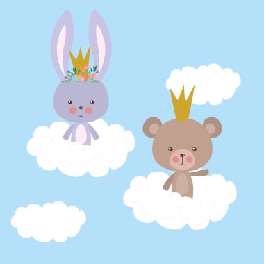 Sevimli tavşan ve ayı bulutların üzerinde vektör tasarımı