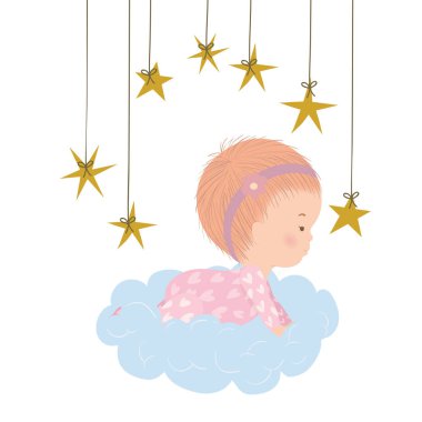 Bulutların üstünde sevimli bir kız bebek ve yıldız vektör tasarımı