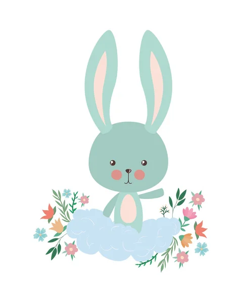 Mignon dessin animé de lapin avec des fleurs et des feuilles design vectoriel — Image vectorielle