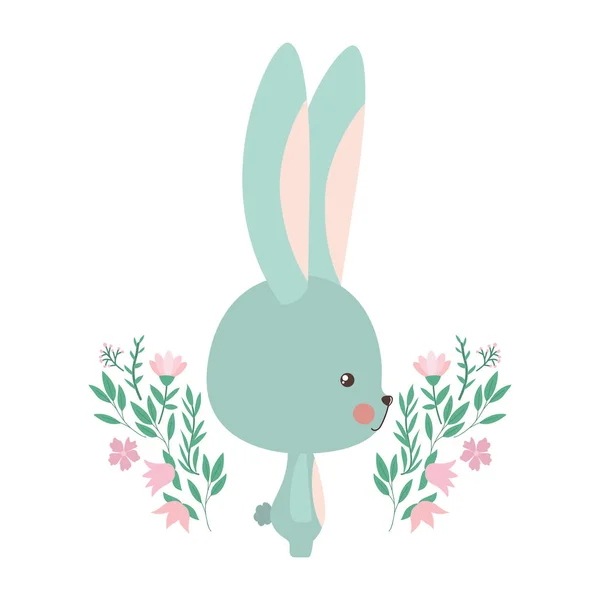 Lindo conejo de dibujos animados con flores y hojas de diseño de vectores — Vector de stock