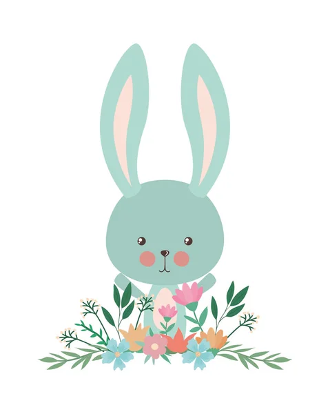 Милый кролик с цветами и векторным дизайном листьев — стоковый вектор