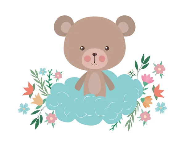 Cute bear with cloud flowers and leaves vector design — Stock Vector