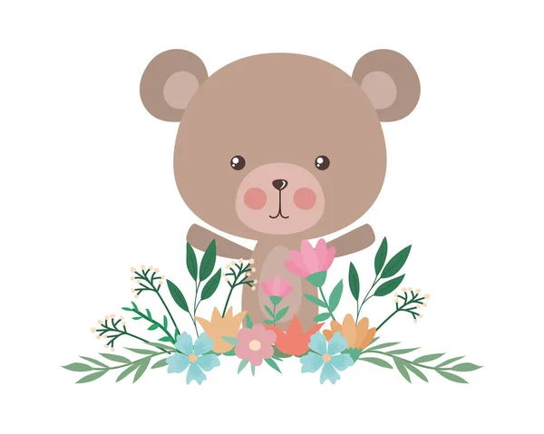 Roztomilý medvěd s květinami a listy vektor design — Stockový vektor