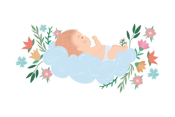 Cute baby boy over cloud with flowers and leaves vector design — Stock Vector