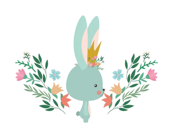 Schattig konijn met kroonbloemen en bladeren vector ontwerp — Stockvector