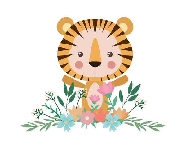 带花的可爱老虎和树叶病媒设计 — 图库矢量图片