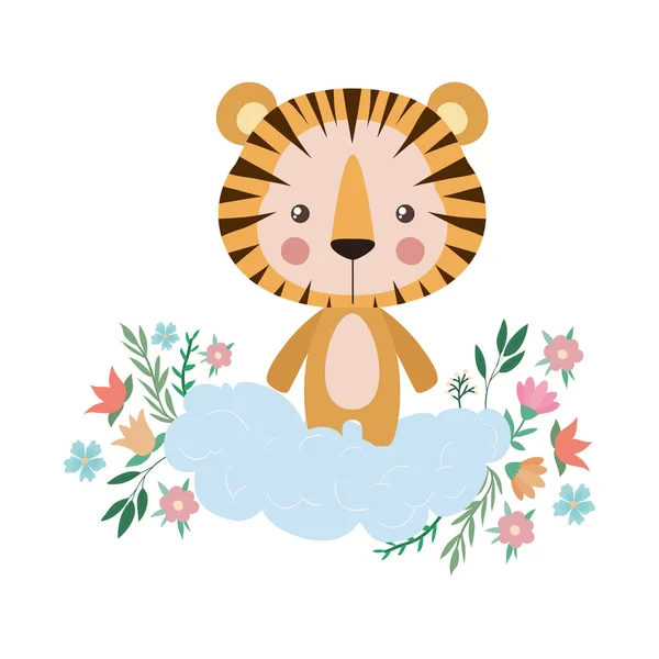 Cute tiger over cloud with flowers and leaves vector design — Stock Vector