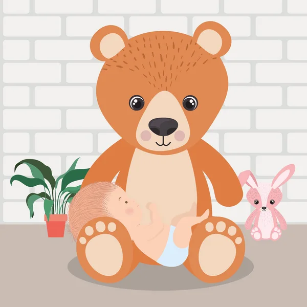Lindo bebé niño y oso de peluche vector de diseño — Vector de stock