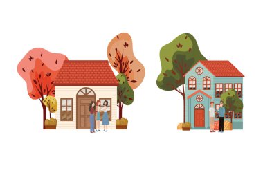 İnsanlar vektör tasarımı çizerek ağaçları ve evleri avatarlar