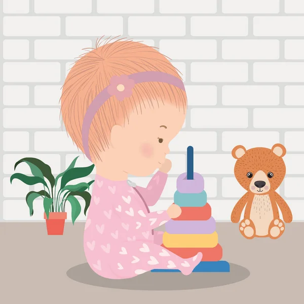 Schattig baby meisje met speelgoed vector ontwerp — Stockvector