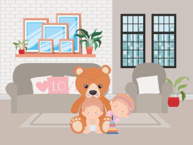 Tatlı kız bebek ve oyuncak ayı vektör tasarımı