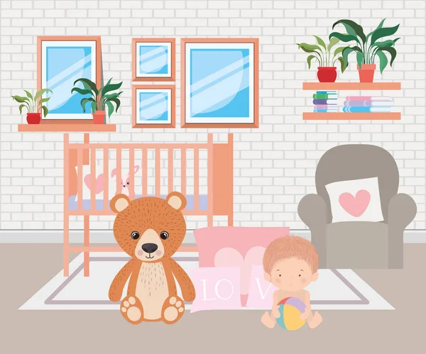 Tatlı erkek bebek ve oyuncak ayı vektör tasarımı — Stok Vektör