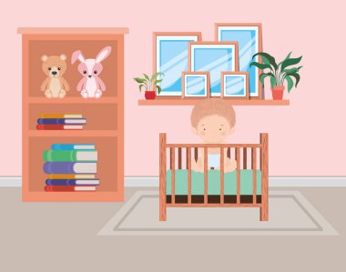 Beşik vektör tasarımının içinde sevimli bir erkek bebek.