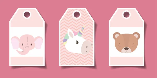 Etiquetas de ducha de bebé con animales dibujos animados diseño de vectores — Vector de stock