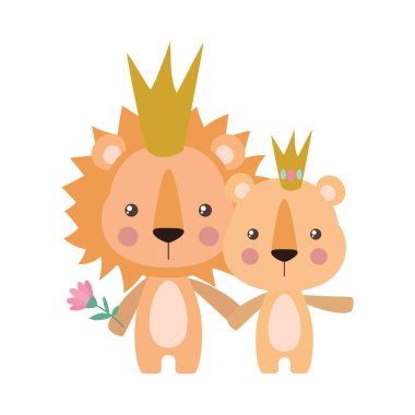 Aslan ve dişi aslan çizgi filmi, taç vektör tasarımlı.