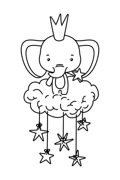Leuke olifant met kroon over wolk vector ontwerp — Stockvector