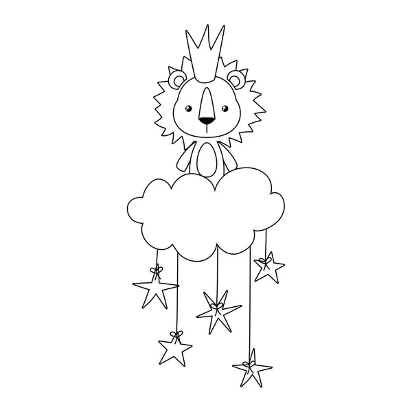 Cute lion cartoon with crown over cloud vector design — 스톡 벡터