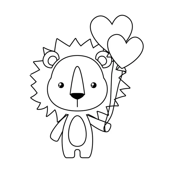 Carino cartone animato leone con disegno vettoriale palloncini cuore — Vettoriale Stock