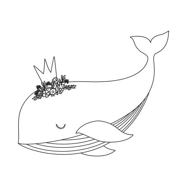Cute whale with crown vector design — 스톡 벡터