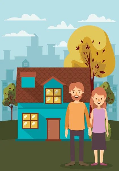 Couple of woman and man house and trees vector design — Stock Vector